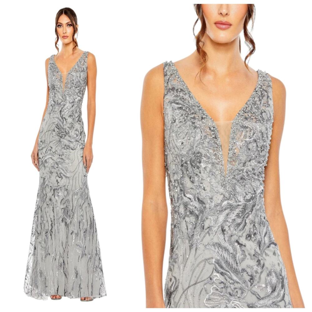 Mac Duggal 20484 Gray Purple Beaded Embroidered V Neck Gown Size 6